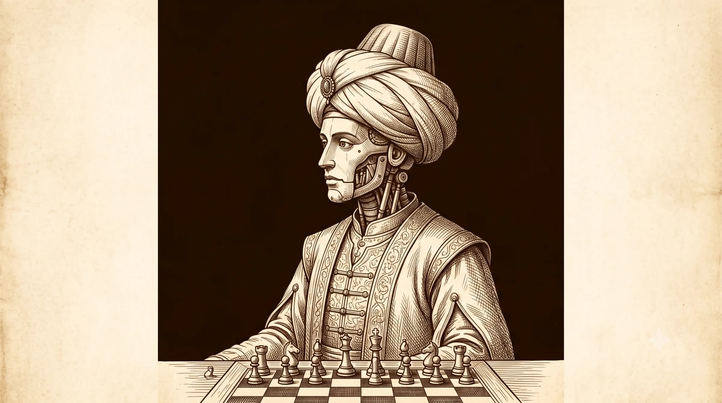 Ilustração em traço sépia do autômato conhecido como Turco Mecânico diante de um tabuleiro de xadrez